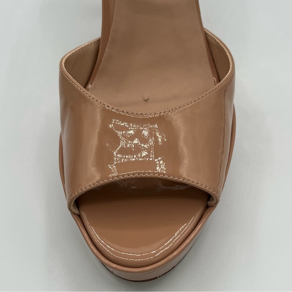 Inez Camilla Platform Heels in Tan Patent | Nude Leather Peep Toe Slingback Heel - Picture 11 of 11